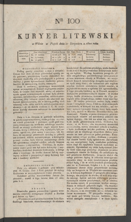 Kuryer Litewski. 1820, numer&nbsp;100