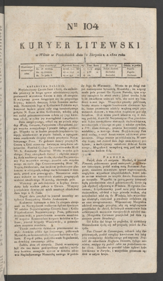 Kuryer Litewski. 1820, numer 104