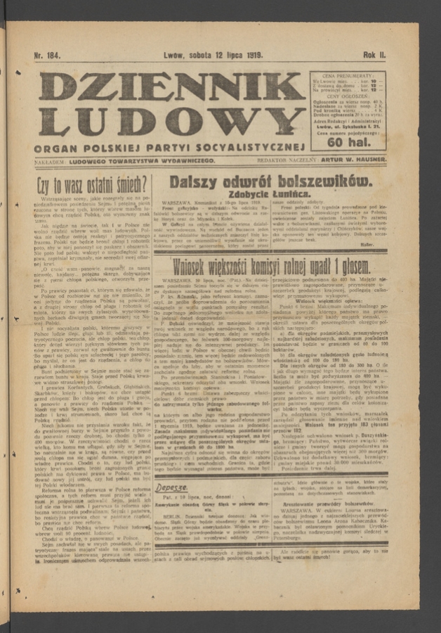 Dziennik Ludowy&nbsp;: organ Polskiej Partyi Socyalistycznej. Rok&nbsp;2, 1919, numer&nbsp;184