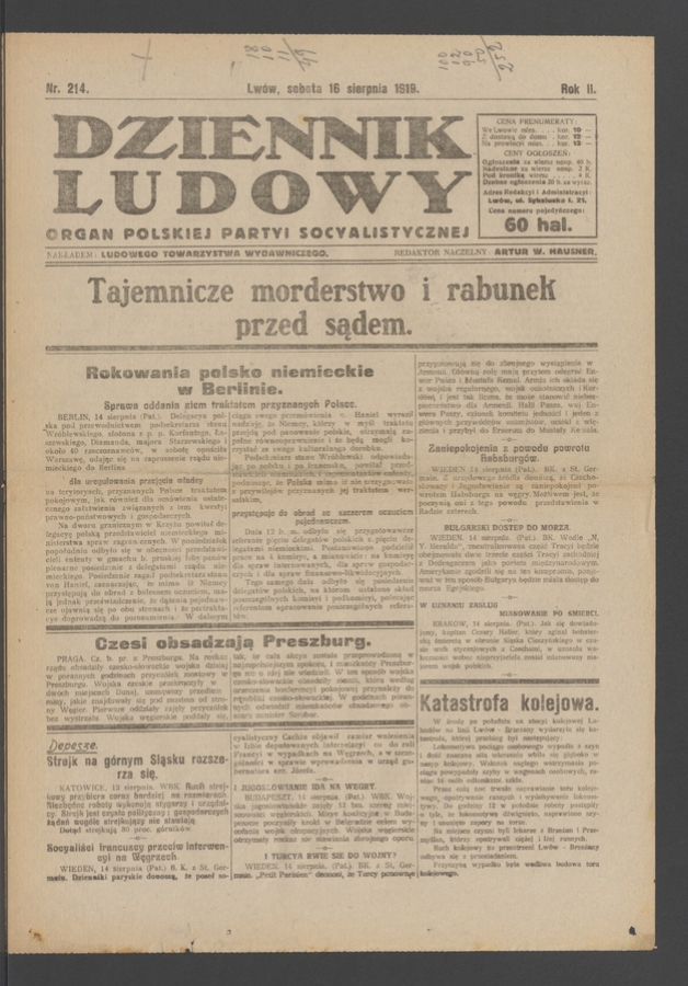 Dziennik Ludowy : organ Polskiej Partyi Socyalistycznej. Rok 2, 1919, numer 214
