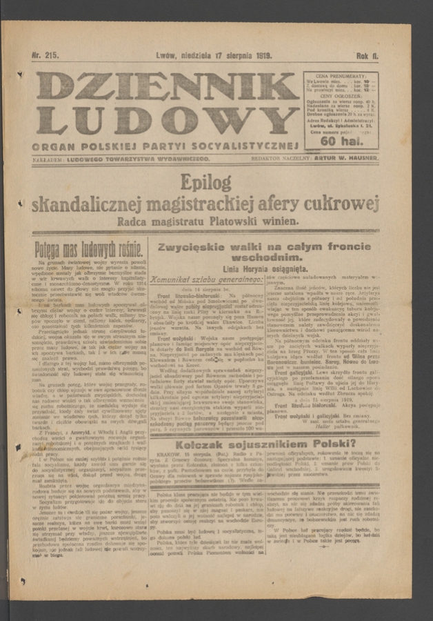 Dziennik Ludowy : organ Polskiej Partyi Socyalistycznej. Rok 2, 1919, numer 215