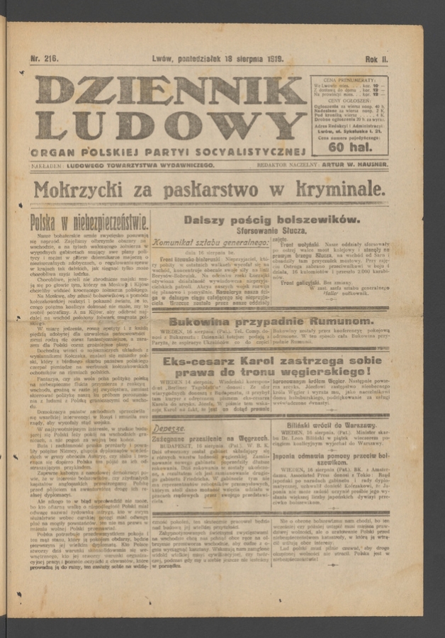 Dziennik Ludowy : organ Polskiej Partyi Socyalistycznej. Rok 2, 1919, numer 216