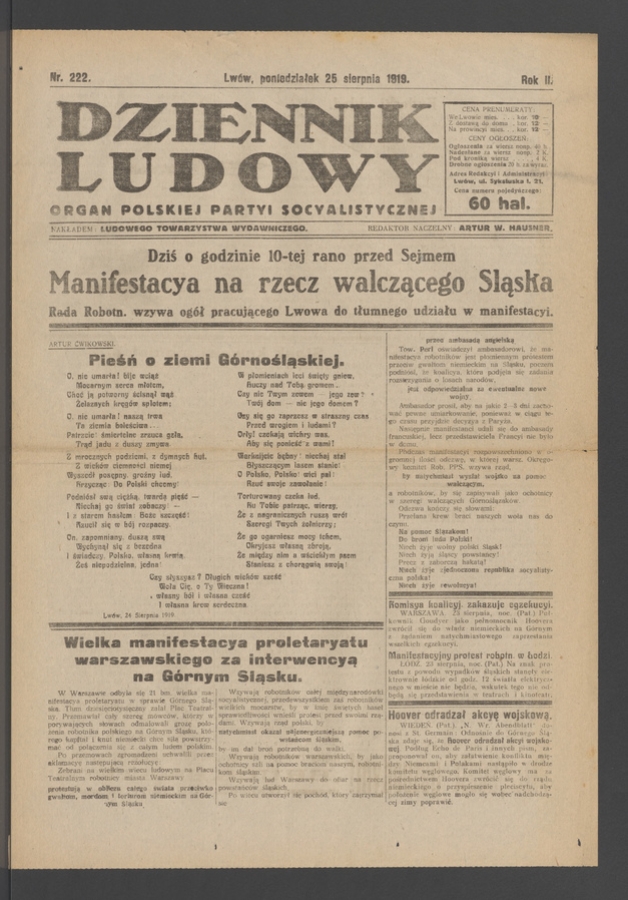 Dziennik Ludowy : organ Polskiej Partyi Socyalistycznej. Rok 2, 1919, numer 222