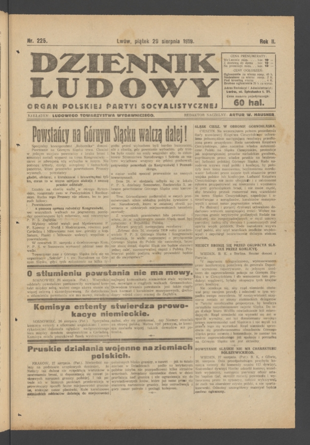 Dziennik Ludowy&nbsp;: organ Polskiej Partyi Socyalistycznej. Rok&nbsp;2, 1919, numer&nbsp;225