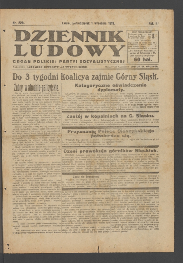 Dziennik Ludowy&nbsp;: organ Polskiej Partyi Socyalistycznej. Rok&nbsp;2, 1919, numer&nbsp;228