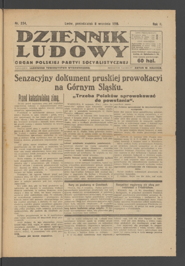 Dziennik Ludowy&nbsp;: organ Polskiej Partyi Socyalistycznej. Rok&nbsp;2, 1919, numer&nbsp;234