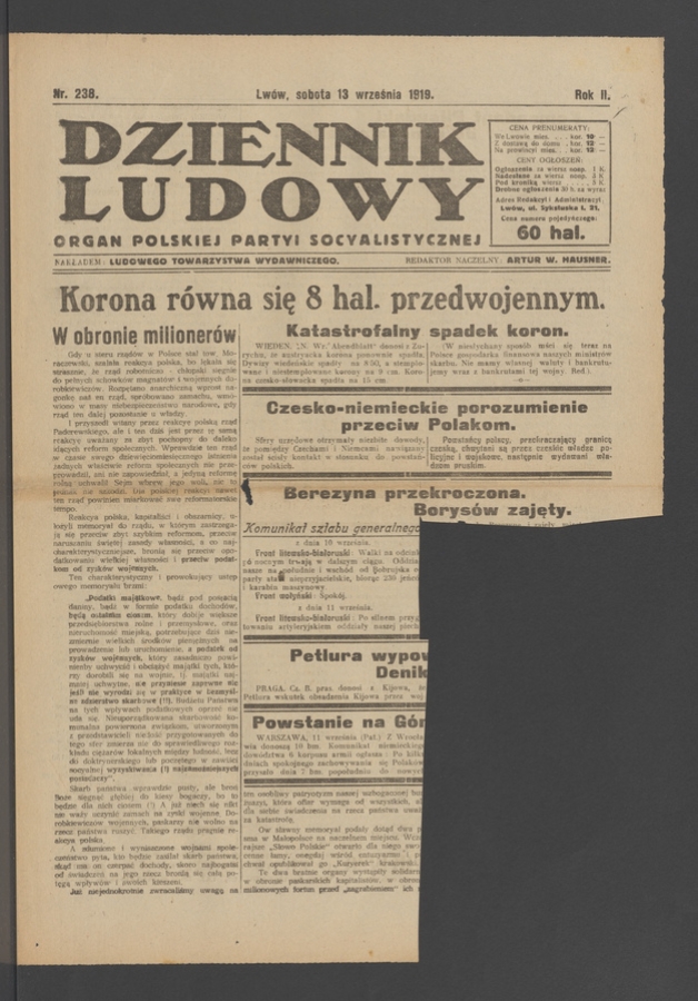 Dziennik Ludowy&nbsp;: organ Polskiej Partyi Socyalistycznej. Rok&nbsp;2, 1919, numer&nbsp;238