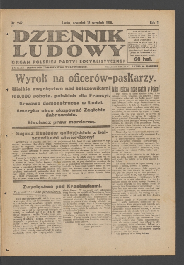 Dziennik Ludowy : organ Polskiej Partyi Socyalistycznej. Rok 2, 1919, numer 242
