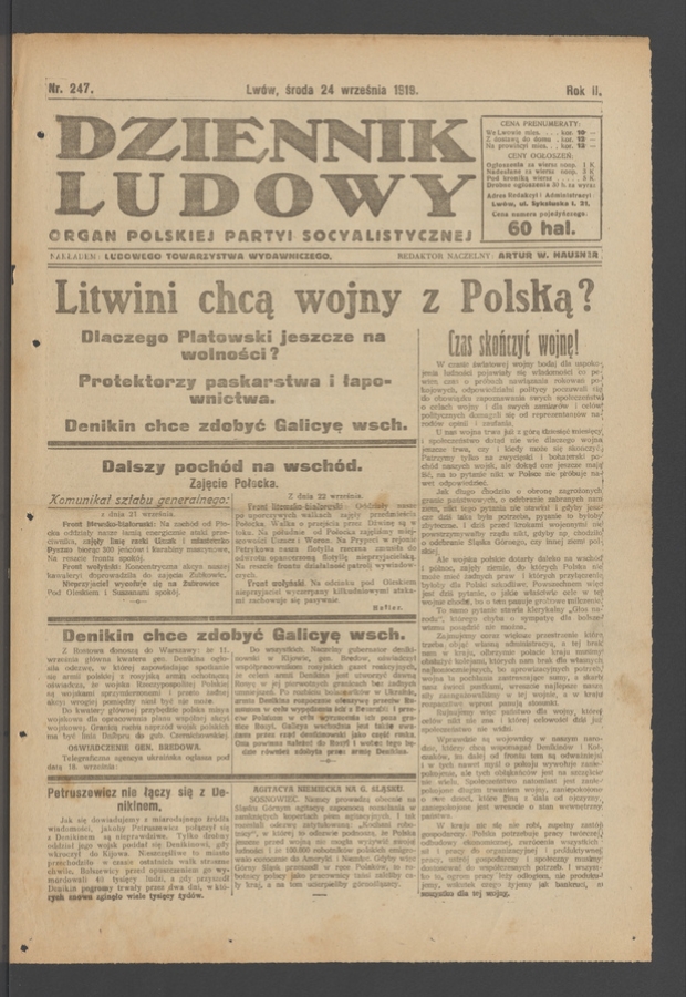 Dziennik Ludowy : organ Polskiej Partyi Socyalistycznej. Rok 2, 1919, numer 247