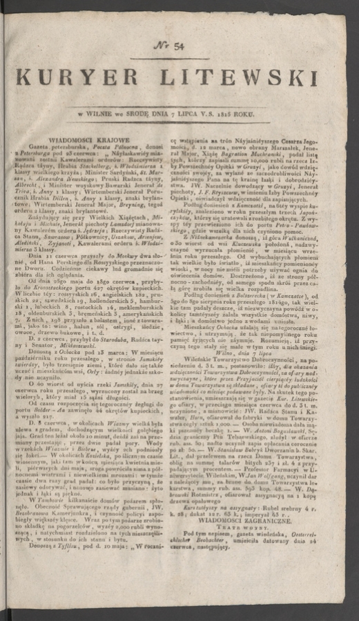 Kuryer Litewski. 1815, numer&nbsp;54