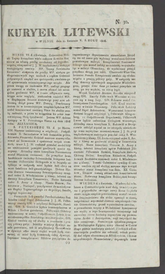 Kuryer Litewski. 1808, numero 30