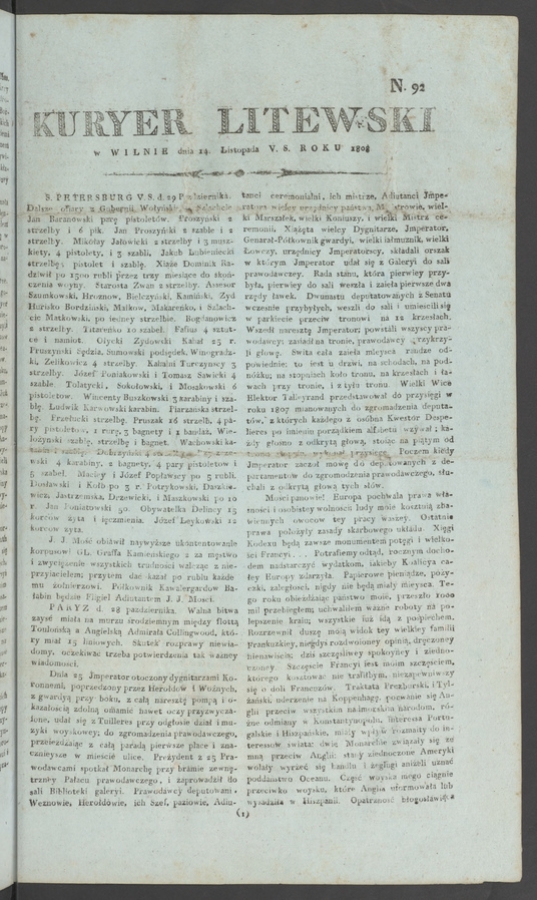 Kuryer Litewski. 1808, numero 92