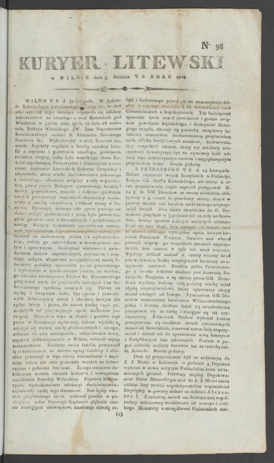 Kuryer Litewski. 1808, numero 98