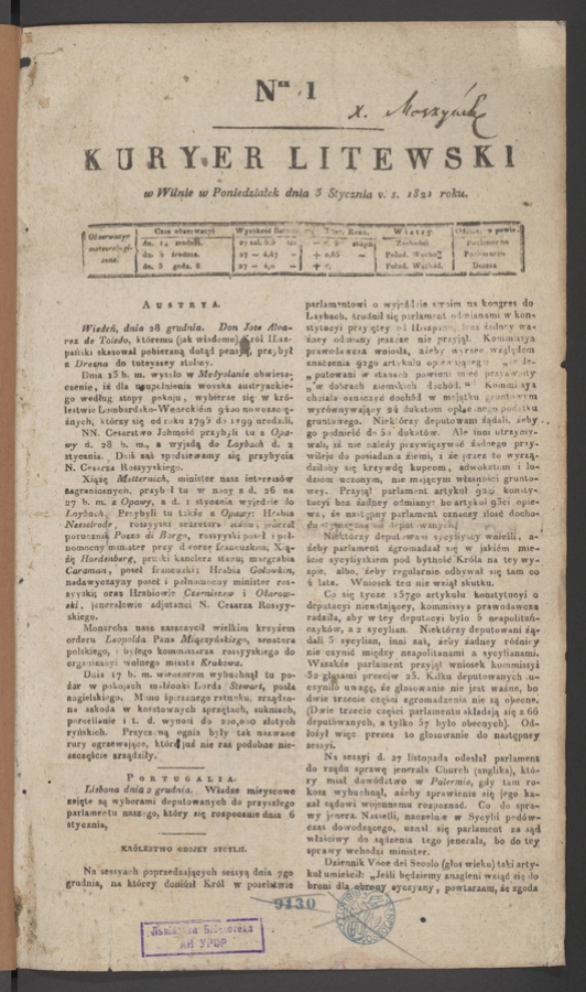 Kuryer Litewski. 1821, numer&nbsp;1
