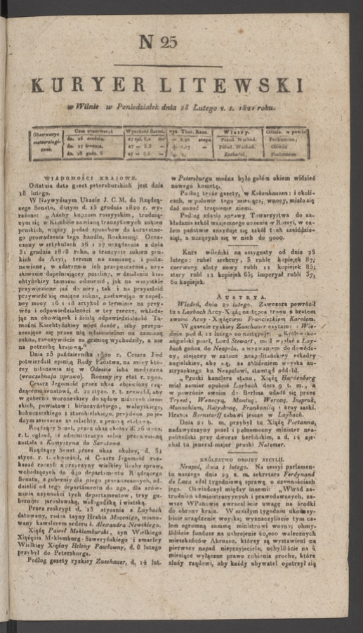 Kuryer Litewski. 1821, numer&nbsp;25