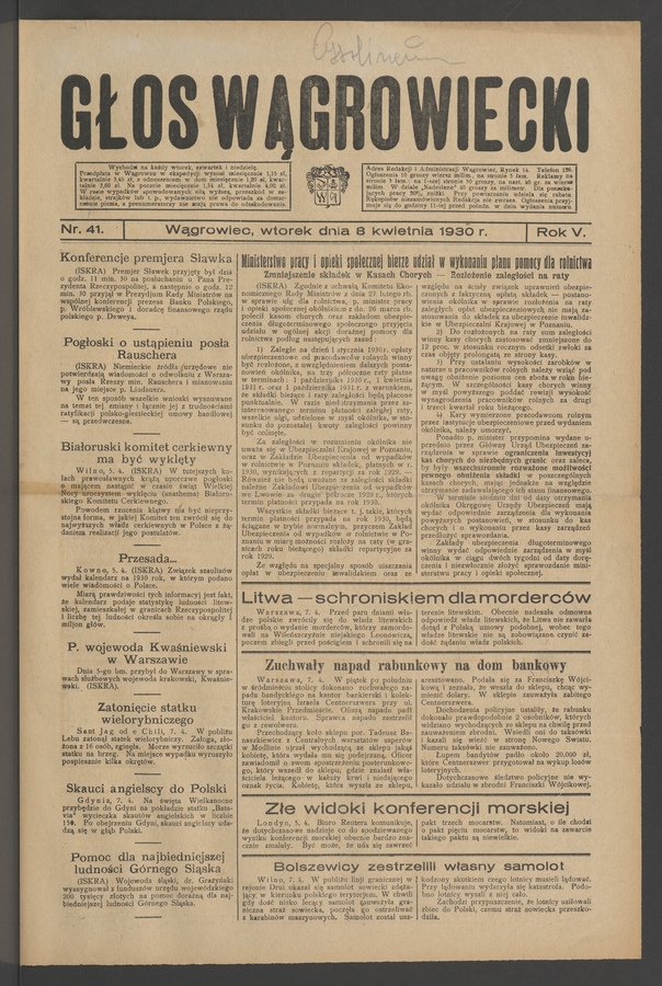 Głos Wągrowiecki. Rok&nbsp;5, 1930, numer&nbsp;41