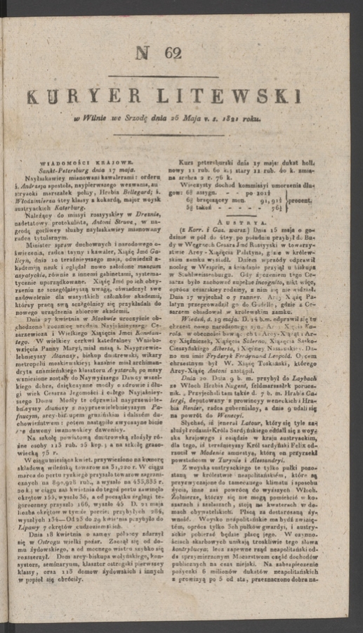 Kuryer Litewski. 1821, numer&nbsp;62