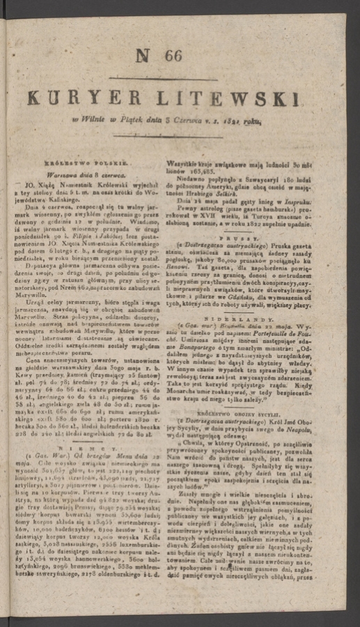 Kuryer Litewski. 1821, numer&nbsp;66