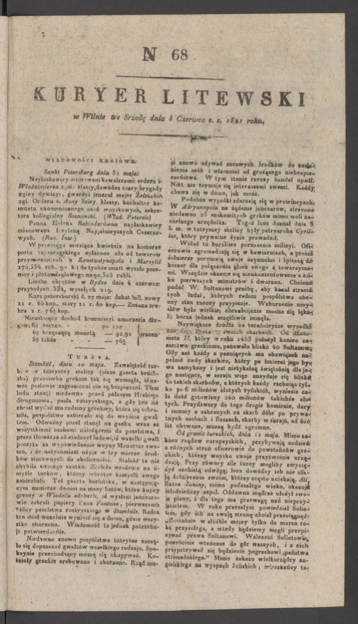 Kuryer Litewski. 1821, numer&nbsp;68