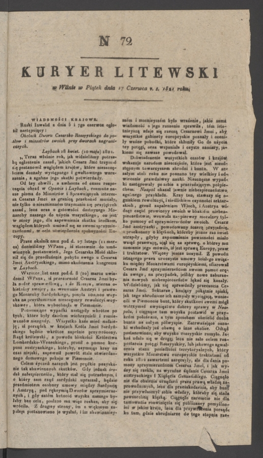 Kuryer Litewski. 1821, numer&nbsp;72