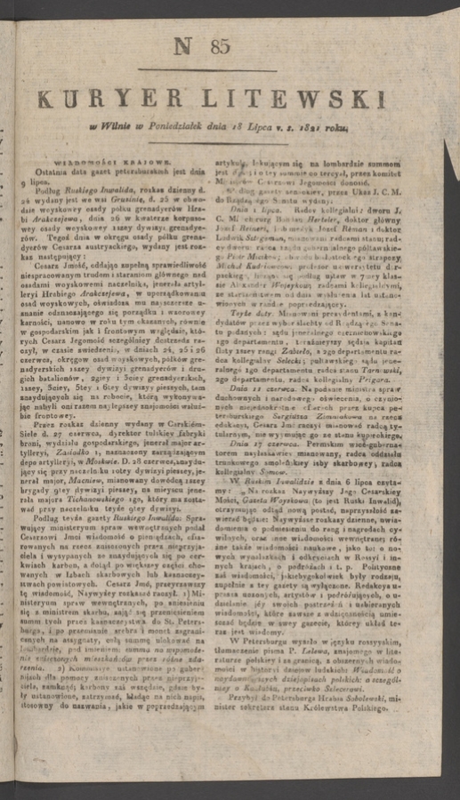 Kuryer Litewski. 1821, numer&nbsp;85