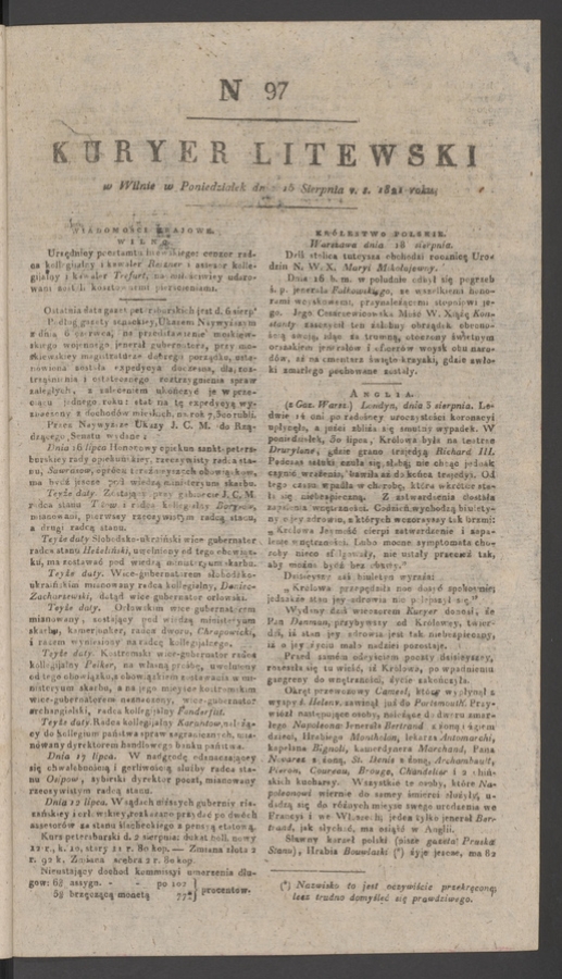 Kuryer Litewski. 1821, numer&nbsp;97