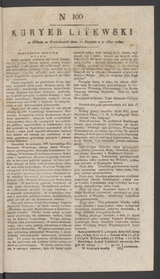 Kuryer Litewski. 1821, numer&nbsp;100