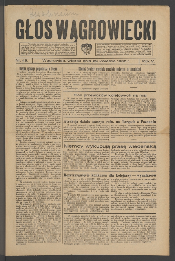Głos Wągrowiecki. Rok&nbsp;5, 1930, numer&nbsp;49