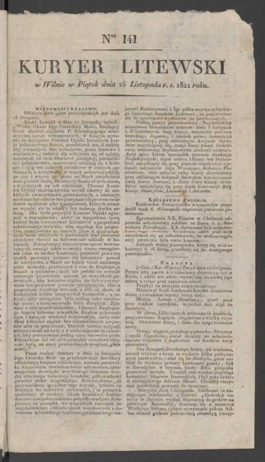 Kuryer Litewski. 1821, numer&nbsp;141