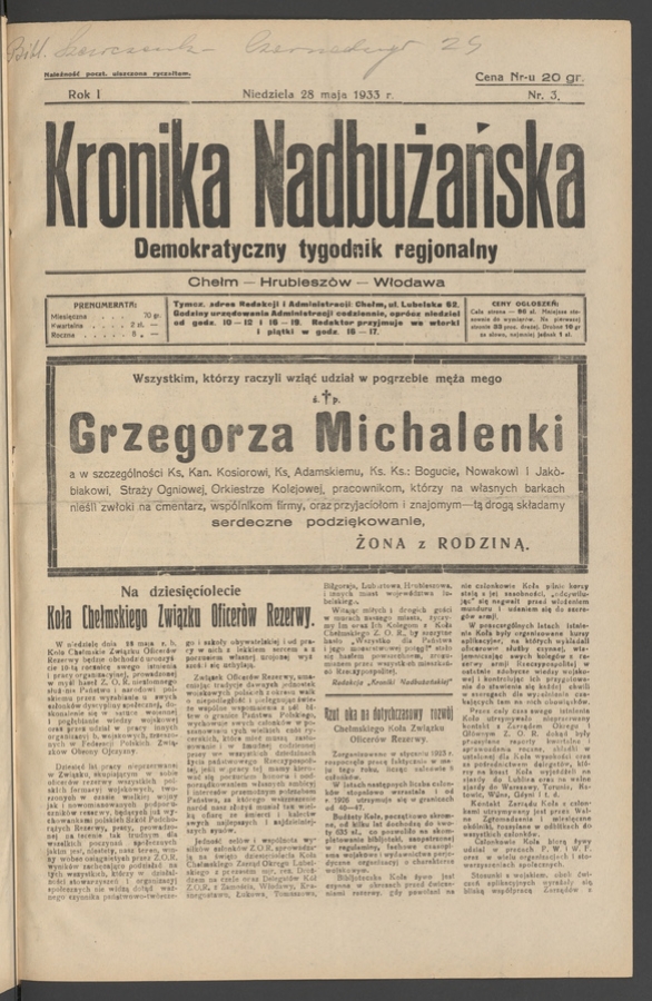 Kronika Nadbużańska&nbsp;: demokratyczny tygodnik regjonalny. Rok&nbsp;1, 1933, numer&nbsp;3