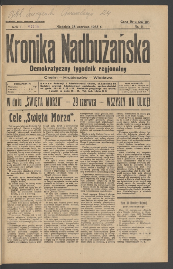 Kronika Nadbużańska&nbsp;: demokratyczny tygodnik regjonalny. Rok&nbsp;1, 1933, numer&nbsp;6