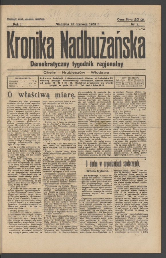 Kronika Nadbużańska&nbsp;: demokratyczny tygodnik regjonalny. Rok&nbsp;1, 1933, numer&nbsp;7