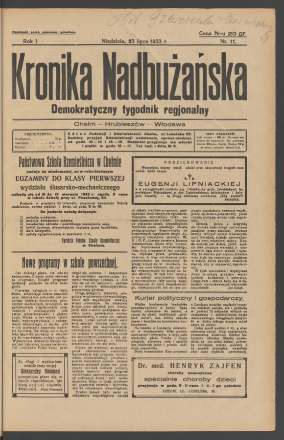Kronika Nadbużańska&nbsp;: demokratyczny tygodnik regjonalny. Rok&nbsp;1, 1933, numer&nbsp;11