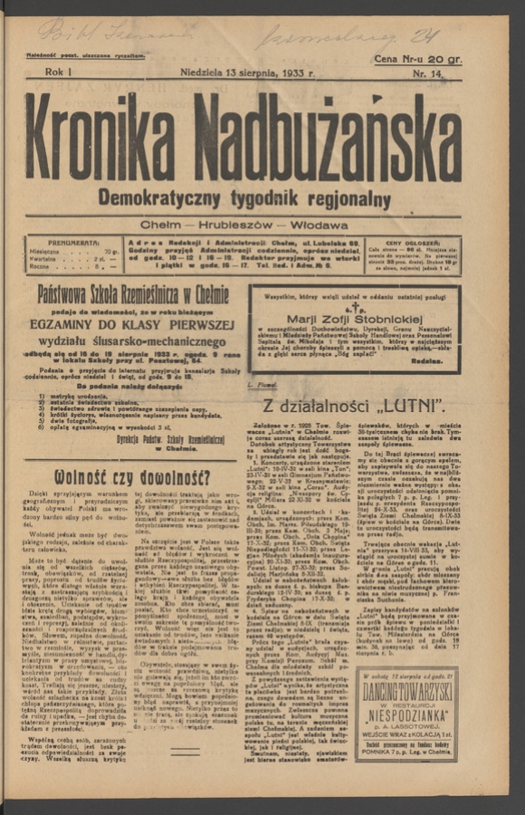 Kronika Nadbużańska&nbsp;: demokratyczny tygodnik regjonalny. Rok&nbsp;1, 1933, numer&nbsp;14