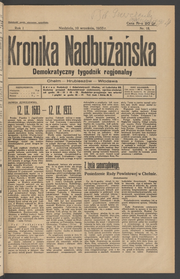 Kronika Nadbużańska&nbsp;: demokratyczny tygodnik regjonalny. Rok&nbsp;1, 1933, numer&nbsp;18