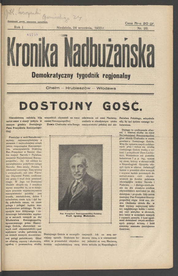 Kronika Nadbużańska&nbsp;: demokratyczny tygodnik regjonalny. Rok&nbsp;1, 1933, numer&nbsp;20