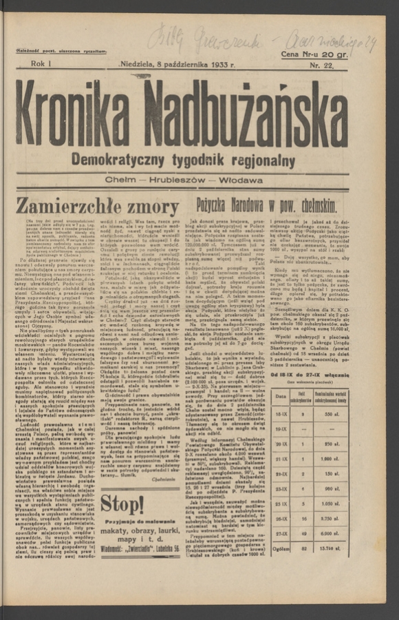 Kronika Nadbużańska&nbsp;: demokratyczny tygodnik regjonalny. Rok&nbsp;1, 1933, numer&nbsp;22