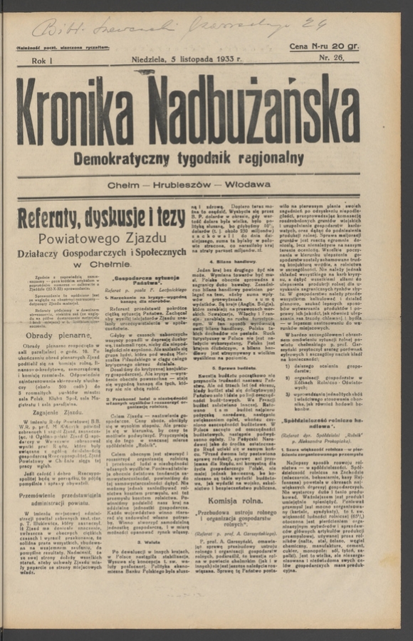 Kronika Nadbużańska&nbsp;: demokratyczny tygodnik regjonalny. Rok&nbsp;1, 1933, numer&nbsp;26