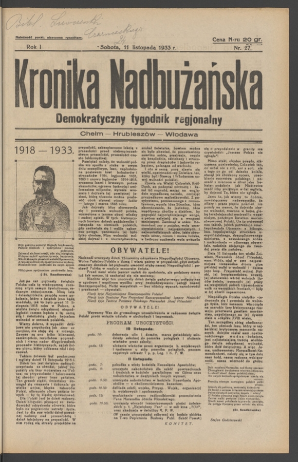 Kronika Nadbużańska&nbsp;: demokratyczny tygodnik regjonalny. Rok&nbsp;1, 1933, numer&nbsp;27