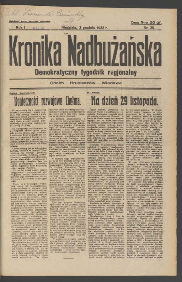 Kronika Nadbużańska : demokratyczny tygodnik regjonalny. Rok 1, 1933, numer 30