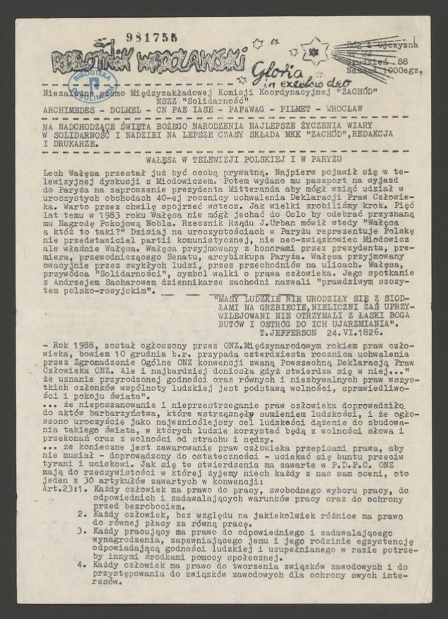 Robotnik Wrocławski : niezależne pismo Międzyzakładowej Komisji Koordynacyjnej Zachód NSZZ „Solidarność” Archimedes, Dolmel, CN PAE IASE, Pafawag, Pilmet. 1988, numer 22