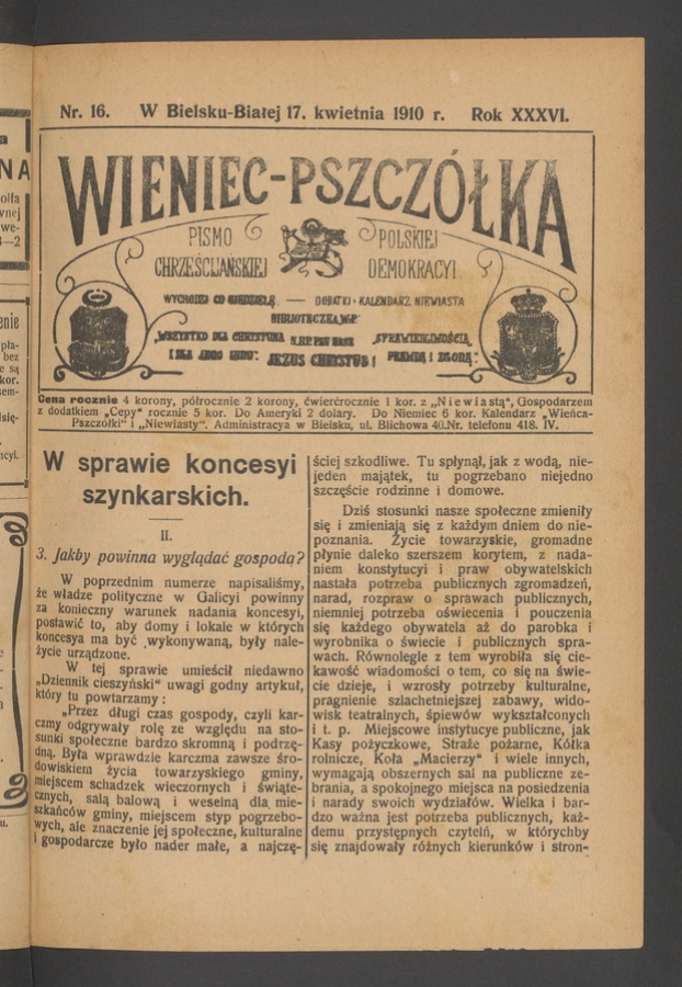 Wieniec-Pszczółka : pismo polskiej chrześcijańskiej demokracyi. Rok 36, 1910, numer 16