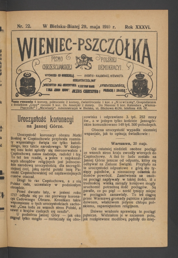Wieniec-Pszczółka : pismo polskiej chrześcijańskiej demokracyi. Rok 36, 1910, numer 22