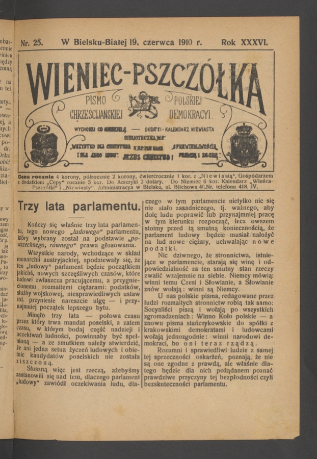 Wieniec-Pszczółka : pismo polskiej chrześcijańskiej demokracyi. Rok 36, 1910, numer 25