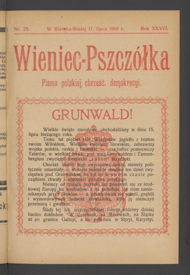 Wieniec-Pszczółka : pismo polskiej chrześcijańskiej demokracyi. Rok 36, 1910, numer 29