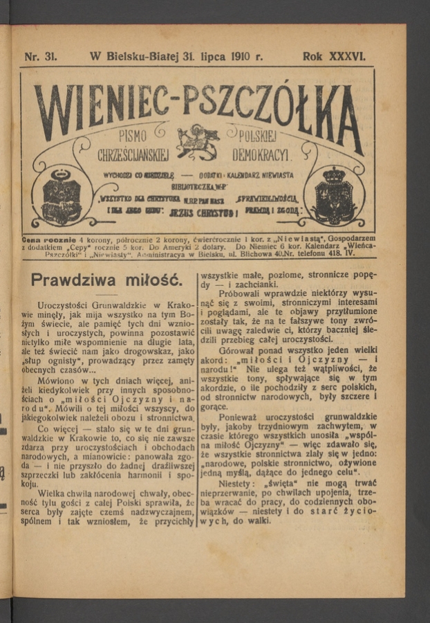 Wieniec-Pszcz&oacute;łka&nbsp;: pismo polskiej chrześcijańskiej demokracyi. Rok&nbsp;36, 1910, numer&nbsp;31