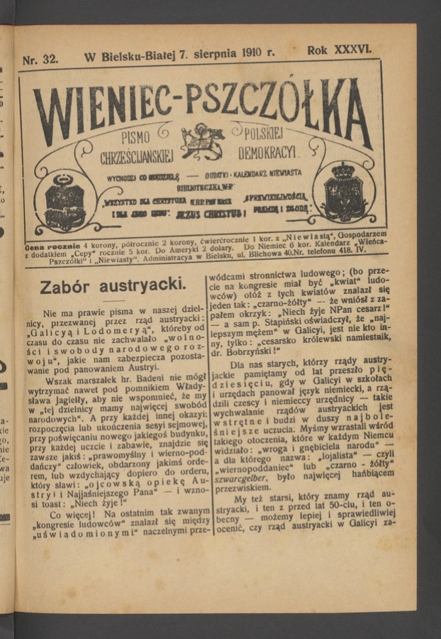 Wieniec-Pszczółka : pismo polskiej chrześcijańskiej demokracyi. Rok 36, 1910, numer 32