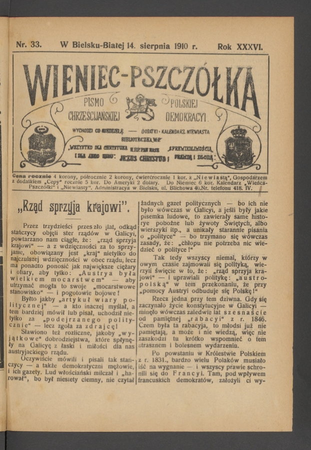 Wieniec-Pszcz&oacute;łka&nbsp;: pismo polskiej chrześcijańskiej demokracyi. Rok&nbsp;36, 1910, numer&nbsp;33