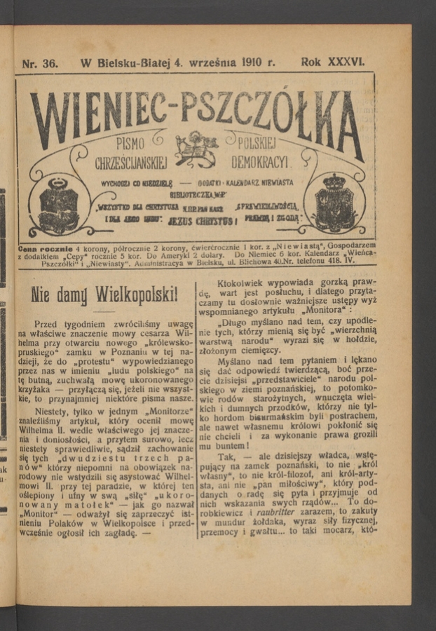 Wieniec-Pszcz&oacute;łka&nbsp;: pismo polskiej chrześcijańskiej demokracyi. Rok&nbsp;36, 1910, numer&nbsp;36