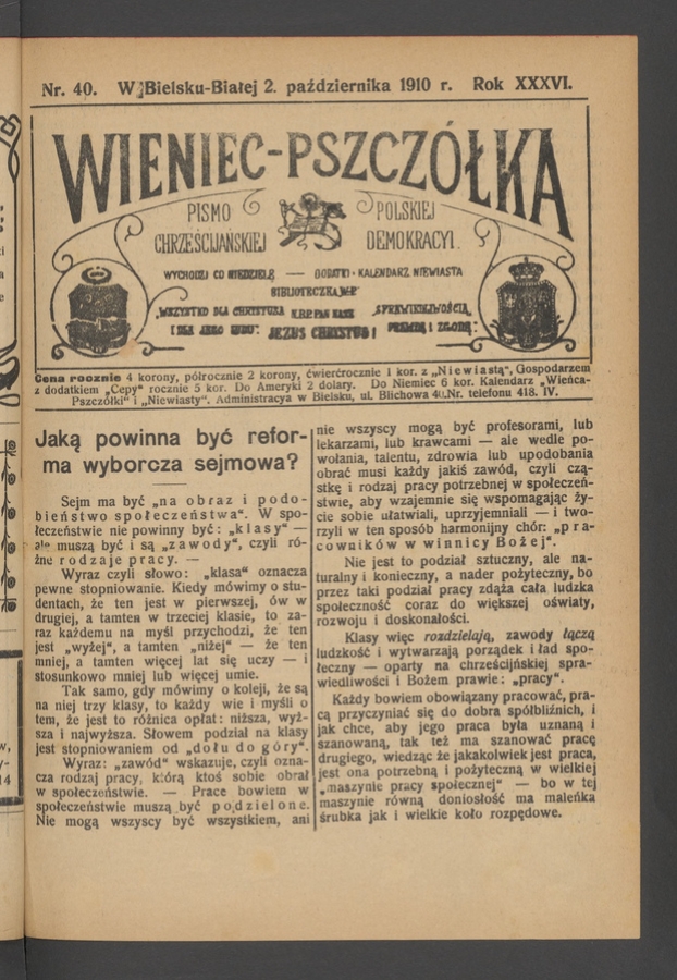 Wieniec-Pszcz&oacute;łka&nbsp;: pismo polskiej chrześcijańskiej demokracyi. Rok&nbsp;36, 1910, numer&nbsp;40
